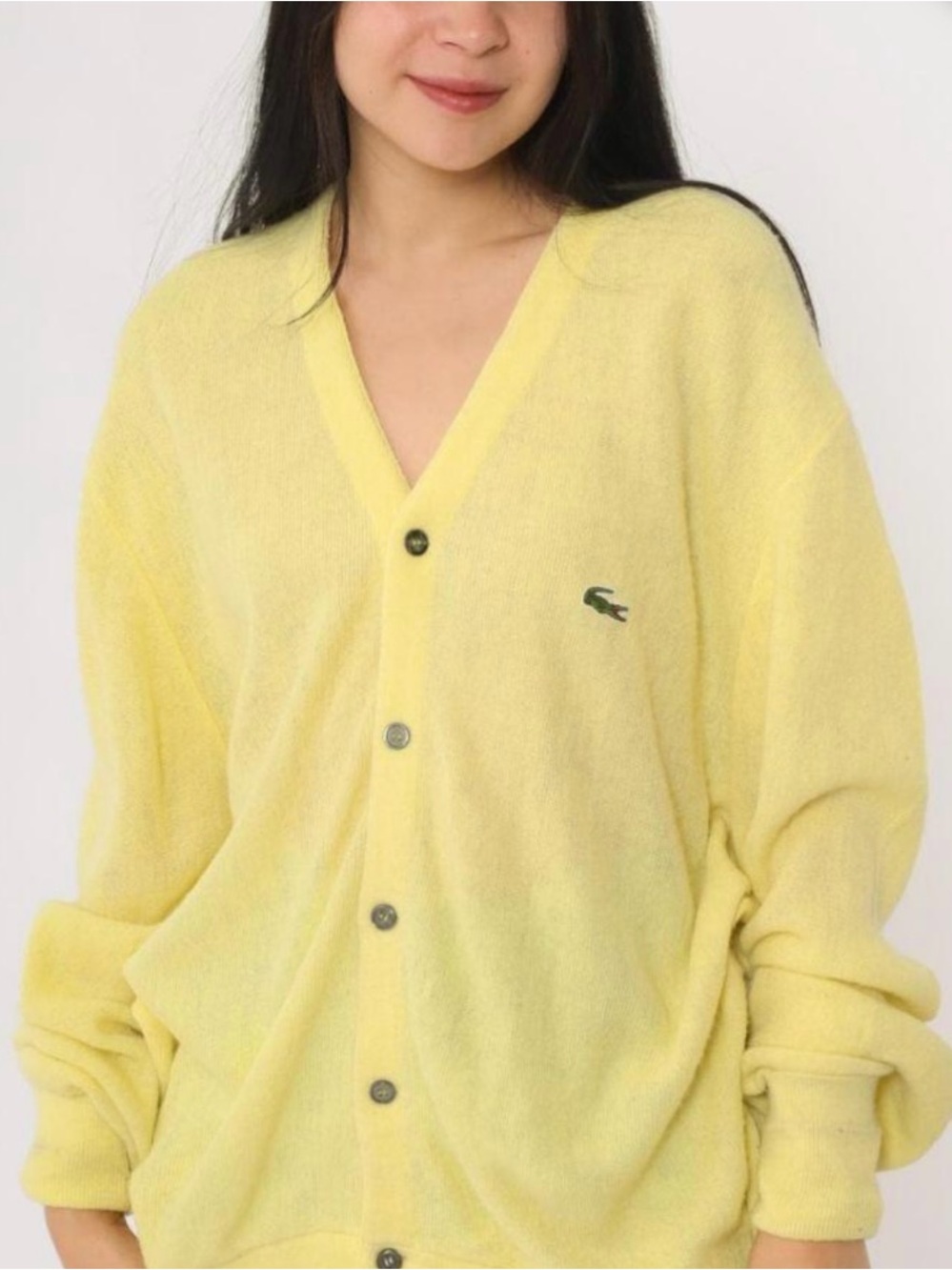 Vintage Izod Lacoste oversized lemon yellow V-neck cardigan alligator logo Lg